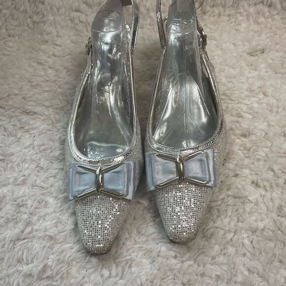 EY Boutique silver glitter &patent silver trim 3”heels satin gray bow accentSZ12 - Picture 5 of 13